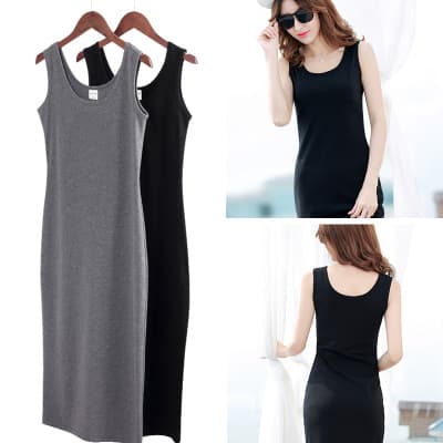 Black sleeveless inner matching leggings dress son large size medium length threaded suspender vest long skirt female summer outside wear